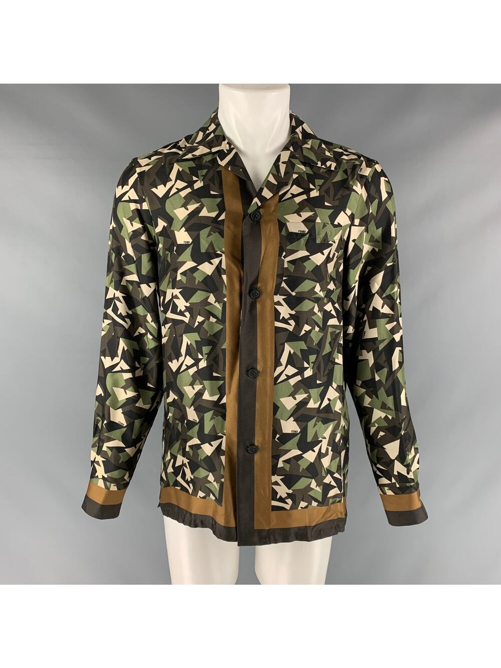 FENDI Size M Green Brown Abstract Silk Button Up Long Sleeve Shirt